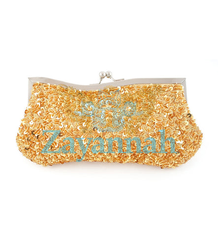 Gold sequin clutch