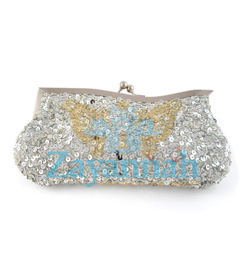 Silver sequin clutch