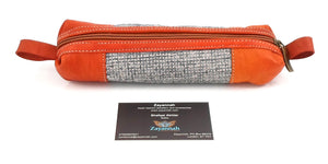 Moroccan leather make up brush bag / pencil case - Orange/grey