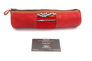 Moroccan leather make up brush bag / pencil case - Red