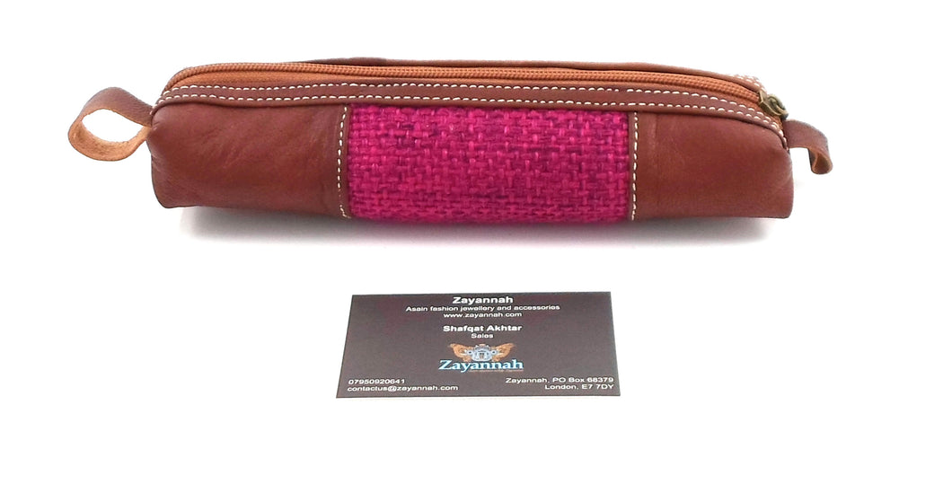 Moroccan leather make up brush bag / pencil case - Walnut/Magenta