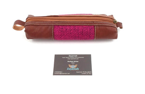 Moroccan leather make up brush bag / pencil case - Walnut/Magenta