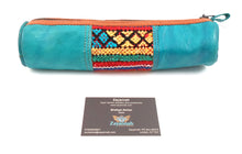 Moroccan leather make up brush bag / pencil case - Turquoise
